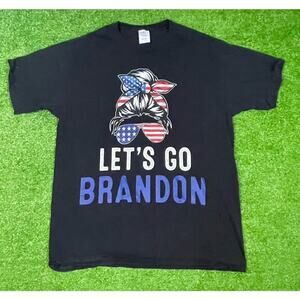 Trump‎ 2024 Shirt Women’s LG American. Flag Messy Bun Let’s Go Brand Shirt Black